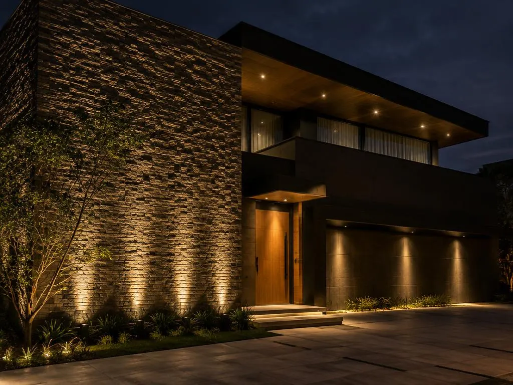 Fachada de casa moderna com iluminação quente destacando a textura da parede de pedra e a porta de entrada.