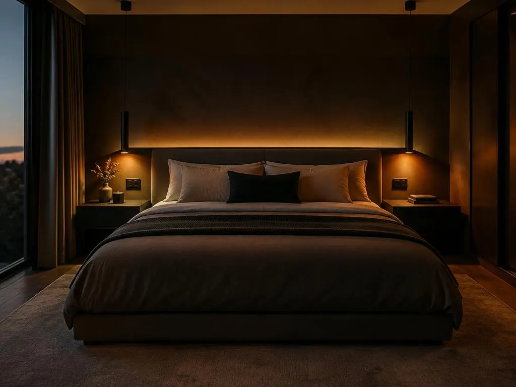 Quarto de casal com iluminação indireta amarelada, com pendentes ao lado da cama e um abajur aceso sobre o criado-mudo.